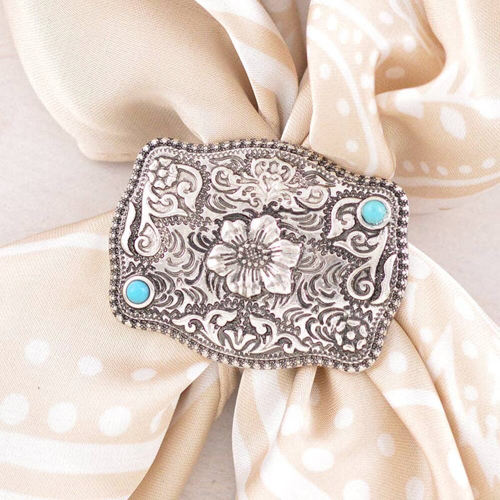 Western Floral Tooling Concho Scarf Slide | Silver | 1.75" x 1.3"